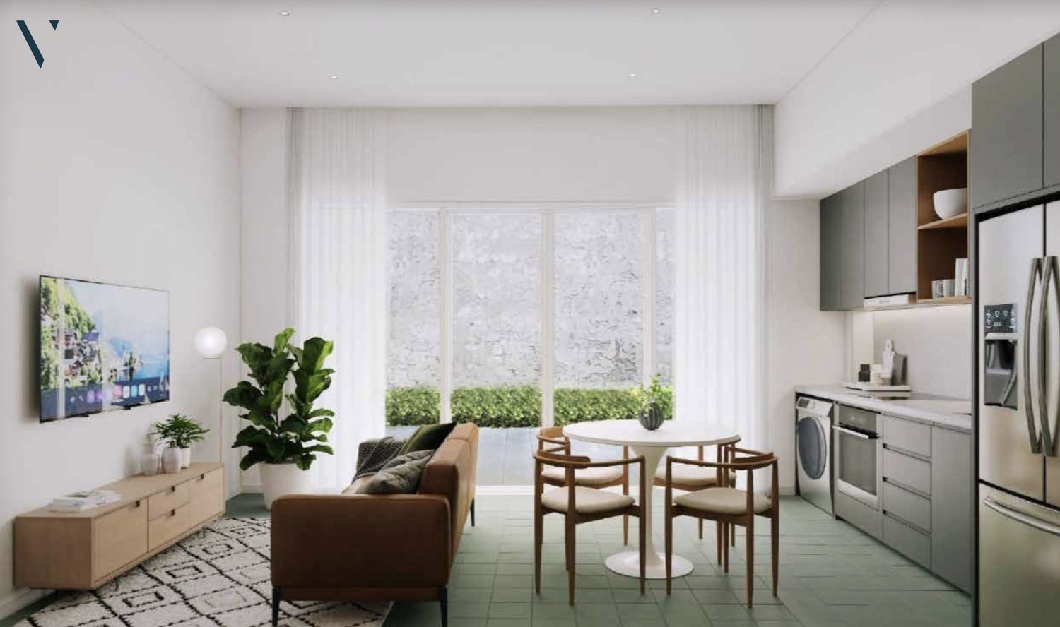 Render de sala y cocina integrada con piso de porcelanato verde.
