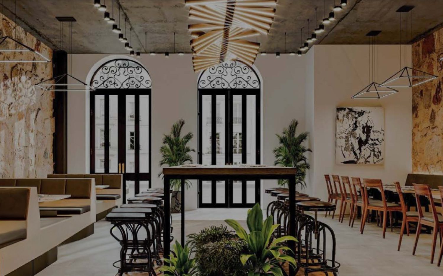 Render de local comercial en planta baja con arcos de hierro originales.