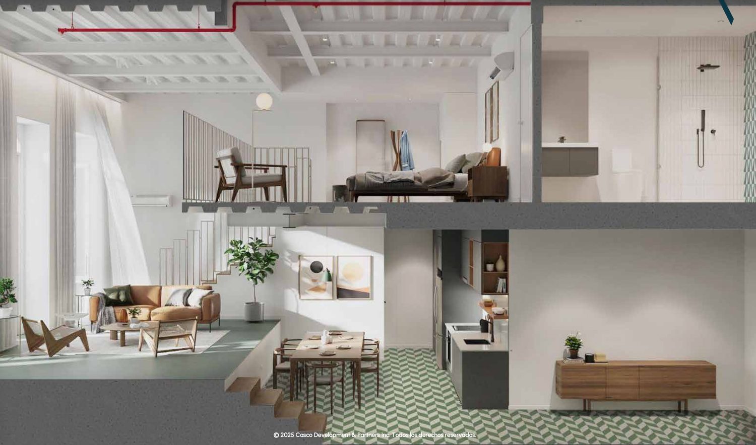 Render en corte del loft mostrando mezzanine, cocina y baño.