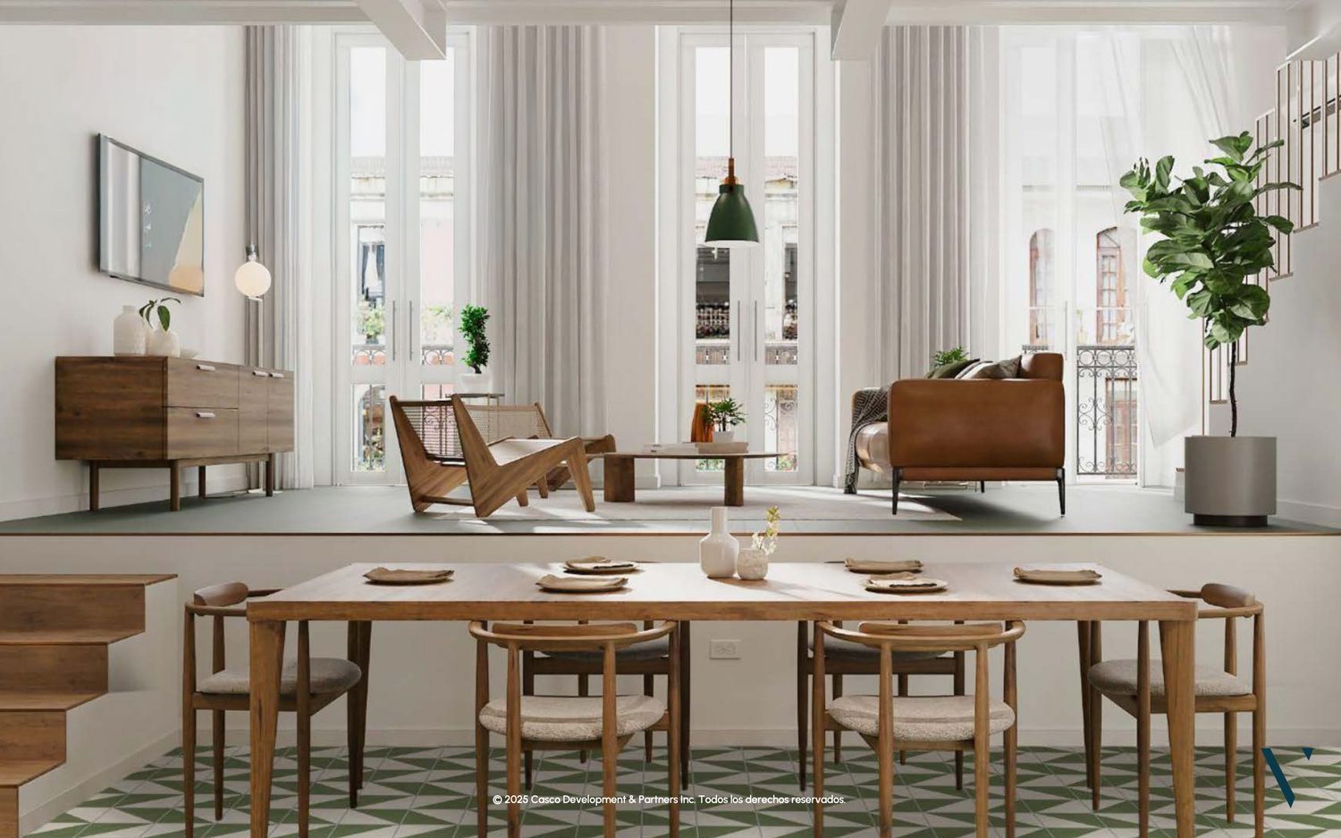 Render de sala-comedor con doble altura y ventanales al balcón.